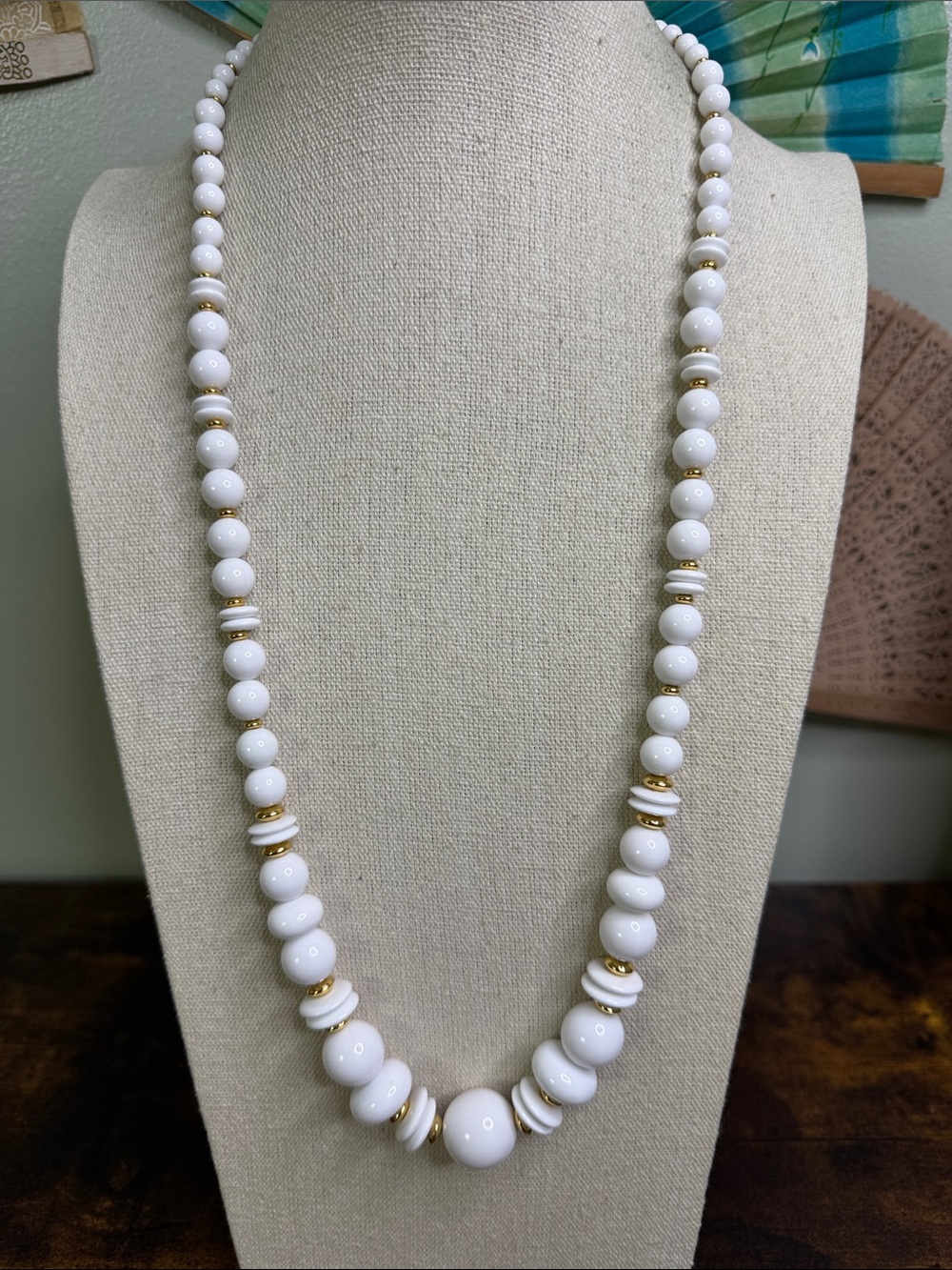 Liz Claiborne White Beaded Necklace with Gold Accent Discs - Lucite
